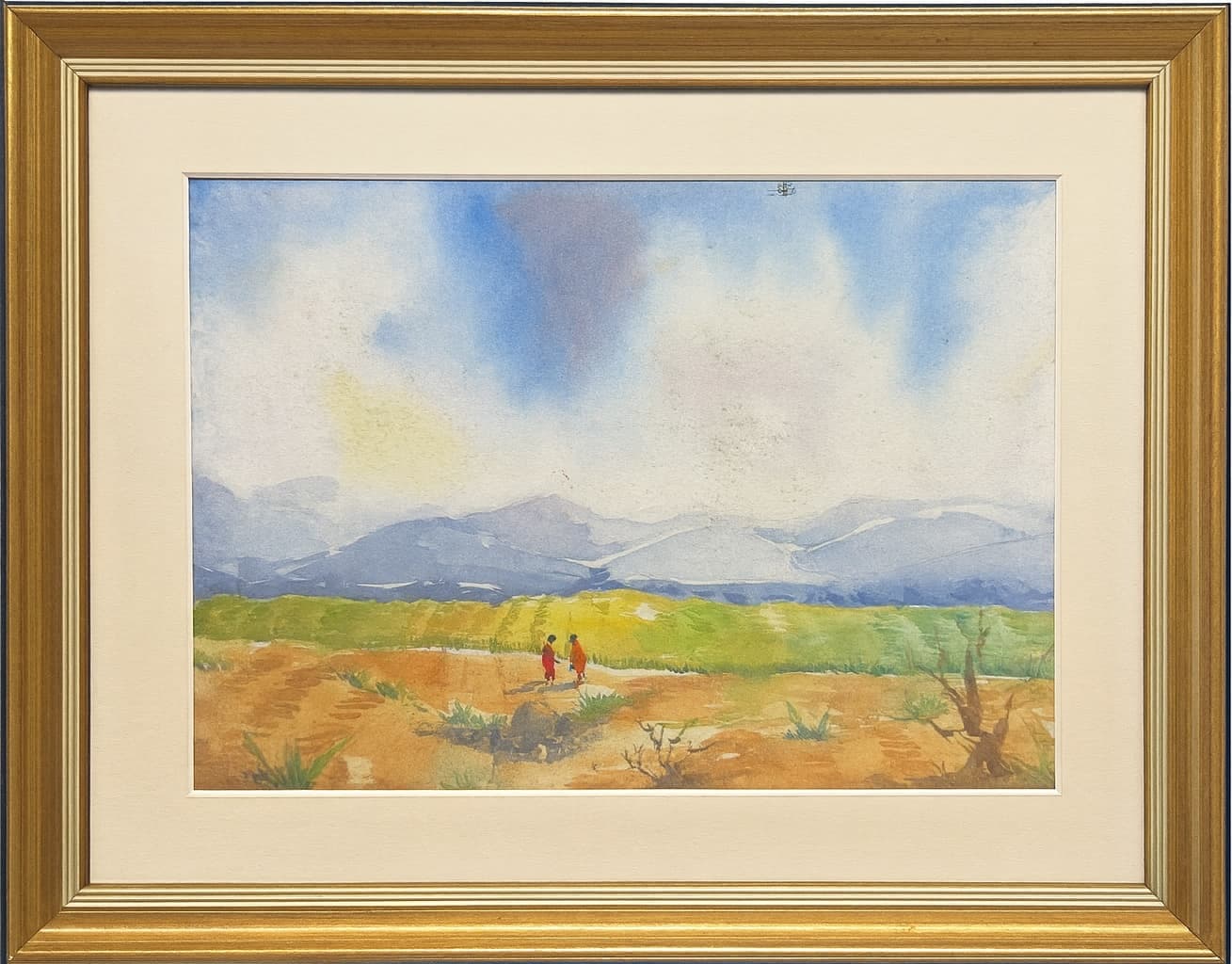 Original framed watercolour painting of two figures walking through a mountain landscape